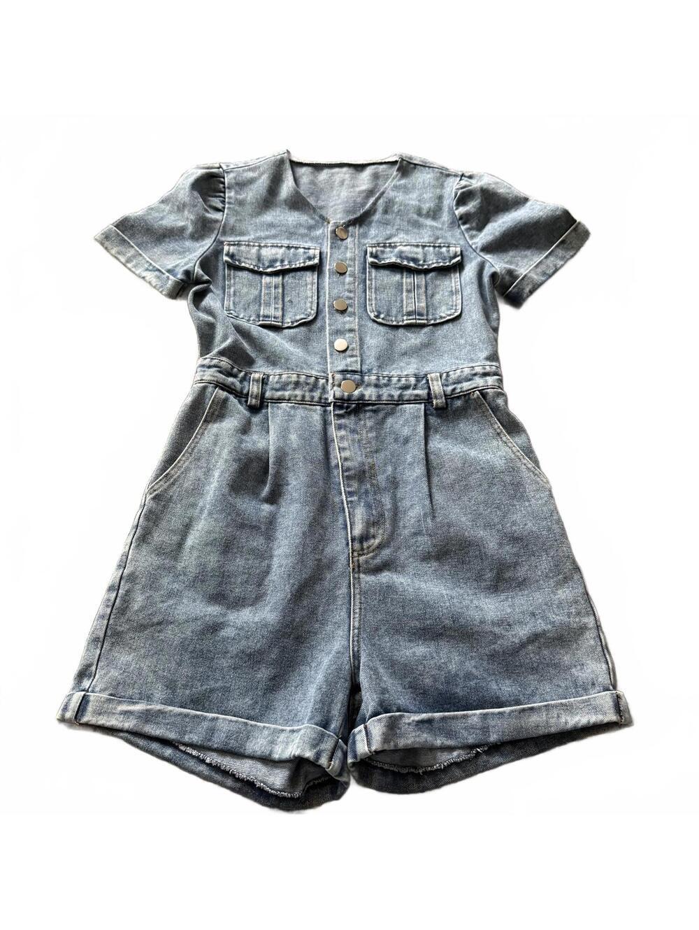Blue Denim Romper Shorts Button Front Utility One Piece Size S Light Wash Cuffs
